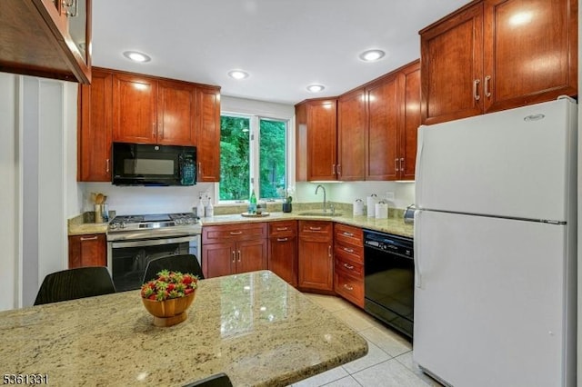 908 Willow Grove Rd, Westfield Town, NJ 07090 - kitchen with black appliances, a sink, light stone countertops, light tile patterned floors, and recessed lighting