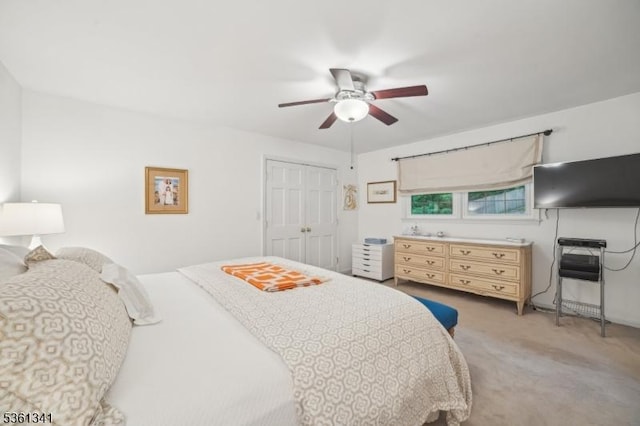 2 Skyline Dr, Morris Twp, NJ 07960 - bedroom with light carpet, a closet, and ceiling fan