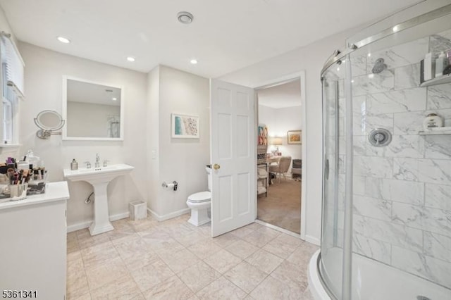 2 Skyline Dr, Morris Twp, NJ 07960 - full bathroom featuring a stall shower, toilet, recessed lighting, and baseboards