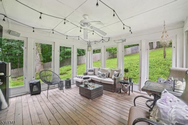 2 Skyline Dr, Morris Twp, NJ 07960 - sunroom with plenty of natural light, a ceiling fan, and outdoor lounge area
