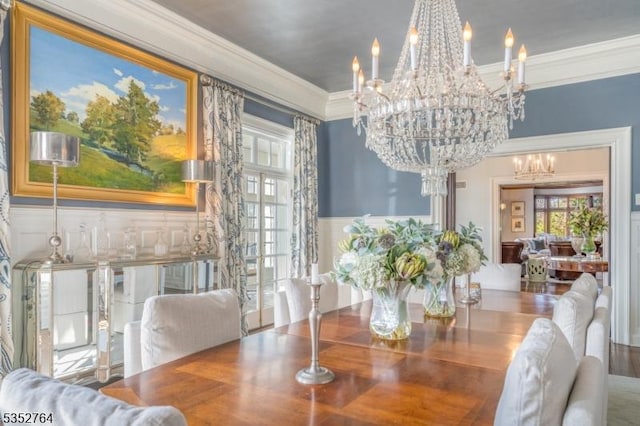 10 Rowan Rd, Summit City, NJ 07901 - dining space featuring a chandelier, ornamental molding, and wainscoting