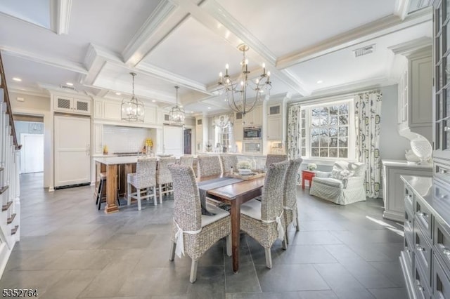 10 Rowan Rd, Summit City, NJ 07901 - dining area featuring a chandelier, coffered ceiling, beamed ceiling, and crown molding