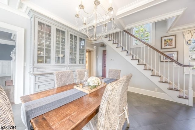 10 Rowan Rd, Summit City, NJ 07901 - dining area featuring stairs, a chandelier, ornamental molding, and baseboards