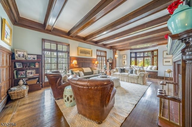 10 Rowan Rd, Summit City, NJ 07901 - living room with beamed ceiling, wood finished floors, and crown molding
