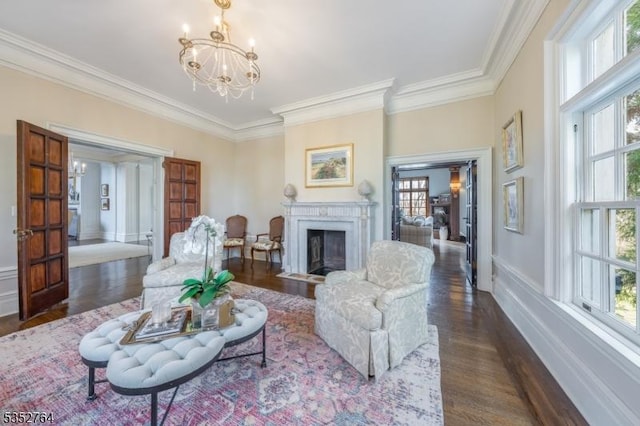 10 Rowan Rd, Summit City, NJ 07901 - living room featuring crown molding, dark wood-style flooring, a chandelier, and plenty of natural light