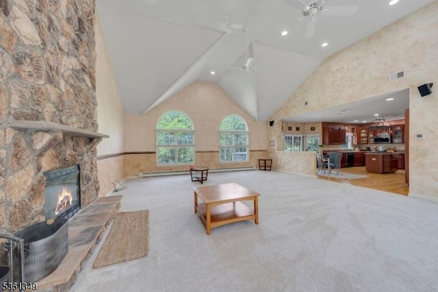 153 Burnt Meadow Rd, Ringwood Boro, NJ 07456 - living area featuring carpet flooring, a ceiling fan, a stone fireplace, recessed lighting, and high vaulted ceiling
