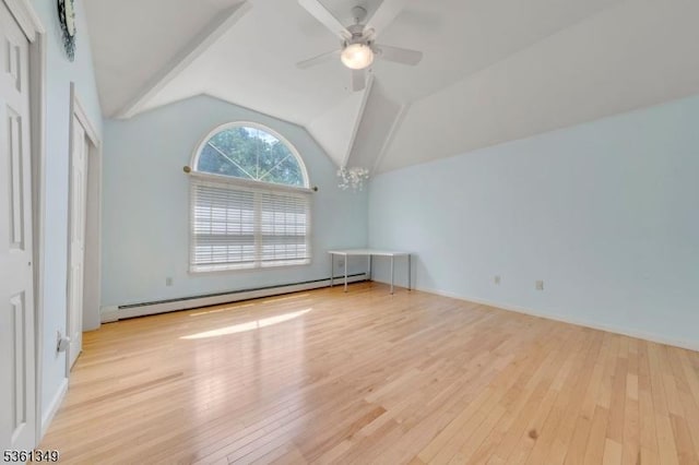 153 Burnt Meadow Rd, Ringwood Boro, NJ 07456 - unfurnished bedroom with baseboard heating, wood-type flooring, vaulted ceiling, a chandelier, and a ceiling fan