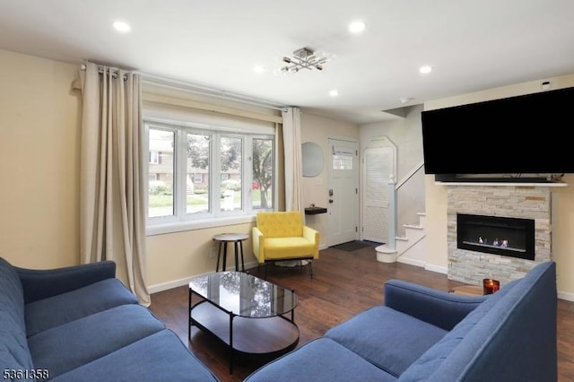992 Milton Blvd, Rahway City, NJ 07065 - living area with stairway, recessed lighting, wood finished floors, and a stone fireplace