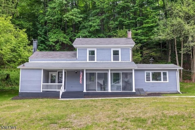 18 Ann St, Knowlton Twp, NJ 07832 - view of front facade with a chimney, a front lawn, roof with shingles, and a wooded view