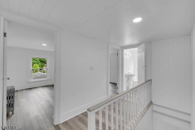 18 Ann St, Knowlton Twp, NJ 07832 - hall featuring an upstairs landing, wood finished floors, baseboards, recessed lighting, and wooden ceiling