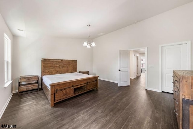 11 Woodland Way, Mount Arlington Boro, NJ 07856 - bedroom with dark wood finished floors, baseboards, a chandelier, and vaulted ceiling