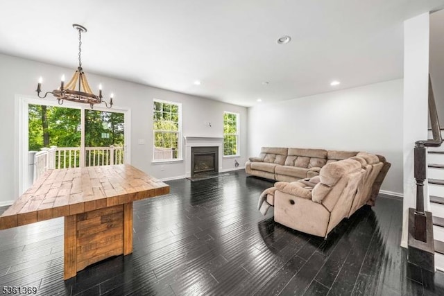 11 Woodland Way, Mount Arlington Boro, NJ 07856 - living room featuring a chandelier, recessed lighting, dark wood finished floors, and baseboards