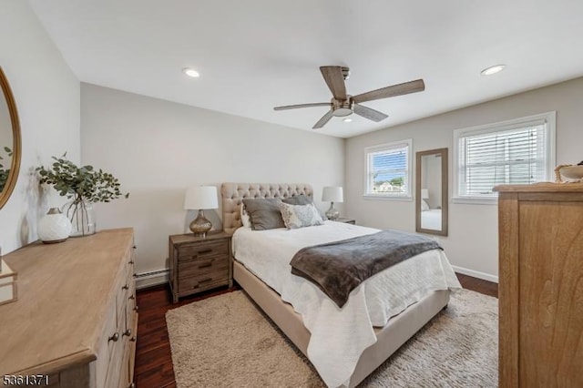 2507 Jay Pl, Union Twp, NJ 07083 - bedroom featuring a baseboard radiator, dark wood-type flooring, recessed lighting, a ceiling fan, and baseboards
