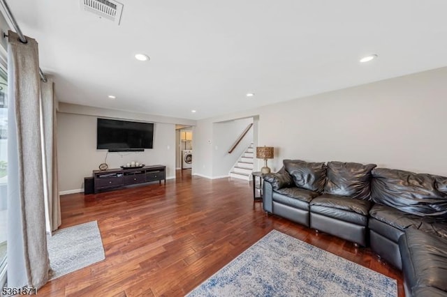 2507 Jay Pl, Union Twp, NJ 07083 - living area with stairway, washer / clothes dryer, wood finished floors, recessed lighting, and baseboards