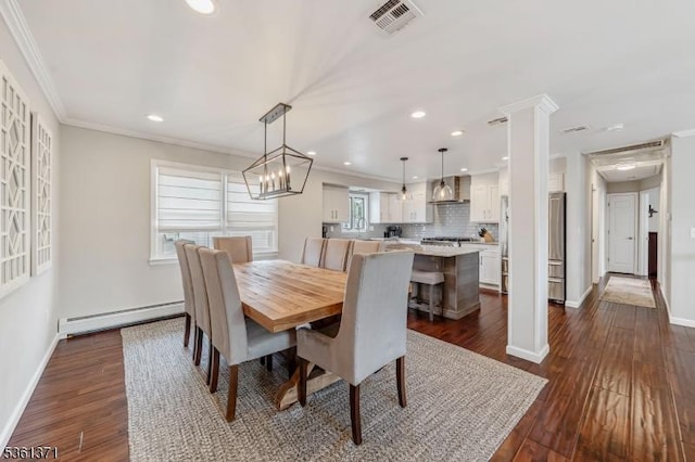 2507 Jay Pl, Union Twp, NJ 07083 - dining area featuring a baseboard radiator, dark wood-style floors, recessed lighting, baseboards, and crown molding