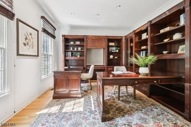 25 Castle Ct, Randolph Twp, NJ 07869 - office featuring light wood-style floors, built in study area, baseboards, and crown molding