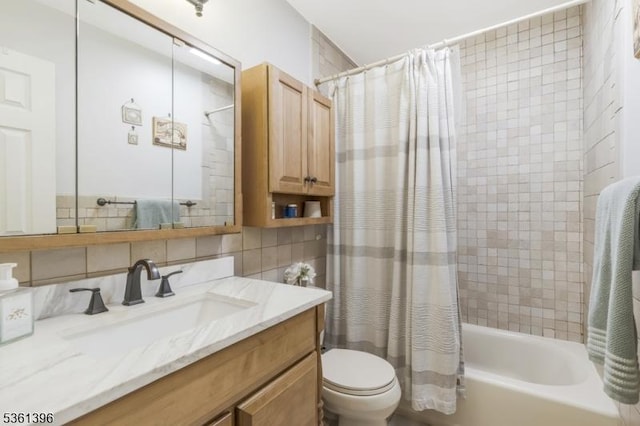 22 Messig Rd, Clinton Town, NJ 08809 - bathroom with vanity, toilet, shower / tub combo with curtain, decorative backsplash, and tile walls