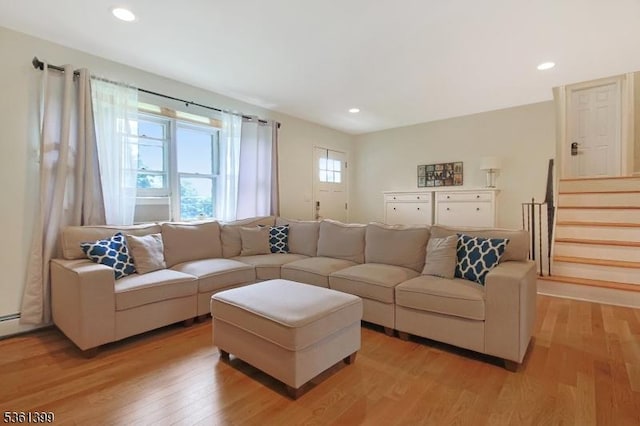29 Black Oak Dr, Vernon Twp, NJ 07462 - living area with light wood-style flooring, stairway, and recessed lighting