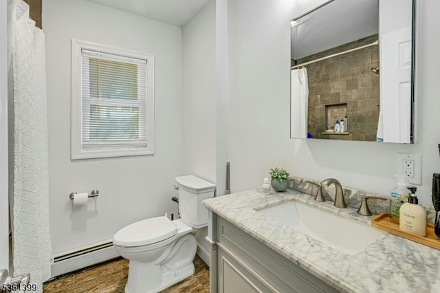 29 Black Oak Dr, Vernon Twp, NJ 07462 - bathroom featuring baseboard heating, vanity, toilet, curtained shower, and wood finished floors
