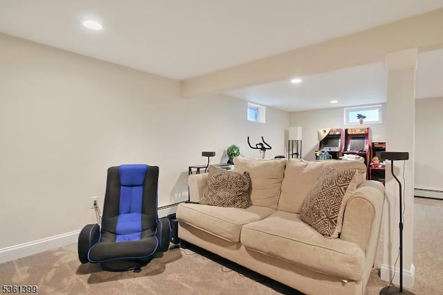 29 Black Oak Dr, Vernon Twp, NJ 07462 - carpeted living area featuring plenty of natural light, recessed lighting, a baseboard radiator, and baseboards