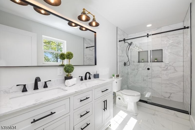 1314 Pine Grove Ave, Westfield Town, NJ 07090 - bathroom with marble look tile flooring, double vanity, a stall shower, toilet, and recessed lighting
