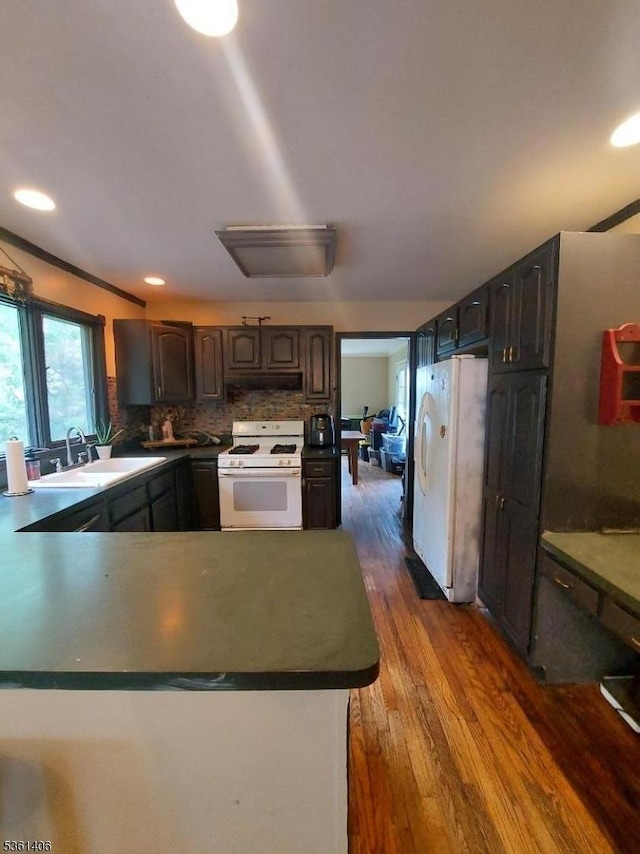 4 Babbitt Ct, Newton Town, NJ 07860 - kitchen featuring white appliances, a sink, wood finished floors, tasteful backsplash, and a peninsula