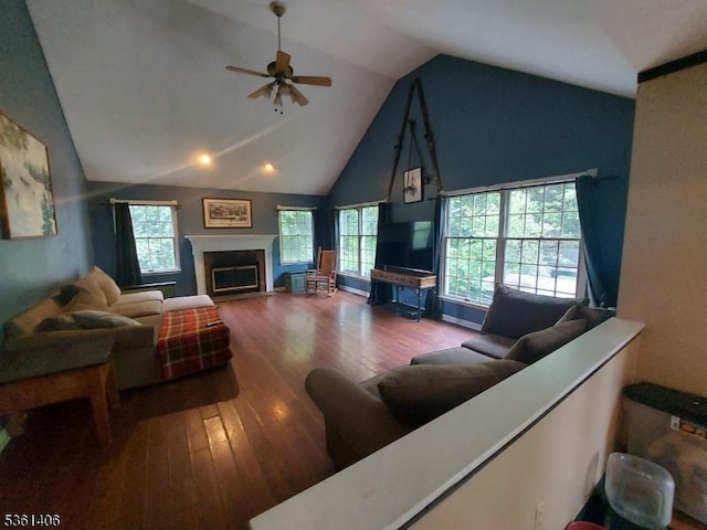 4 Babbitt Ct, Newton Town, NJ 07860 - living room featuring hardwood / wood-style flooring, a ceiling fan, a fireplace, plenty of natural light, and high vaulted ceiling
