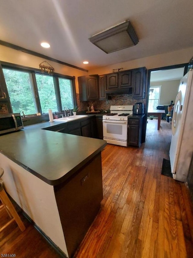 4 Babbitt Ct, Newton Town, NJ 07860 - kitchen featuring white appliances, under cabinet range hood, a peninsula, dark wood-type flooring, and a sink