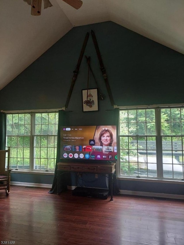 4 Babbitt Ct, Newton Town, NJ 07860 - recreation room with lofted ceiling, a ceiling fan, wood finished floors, and baseboards