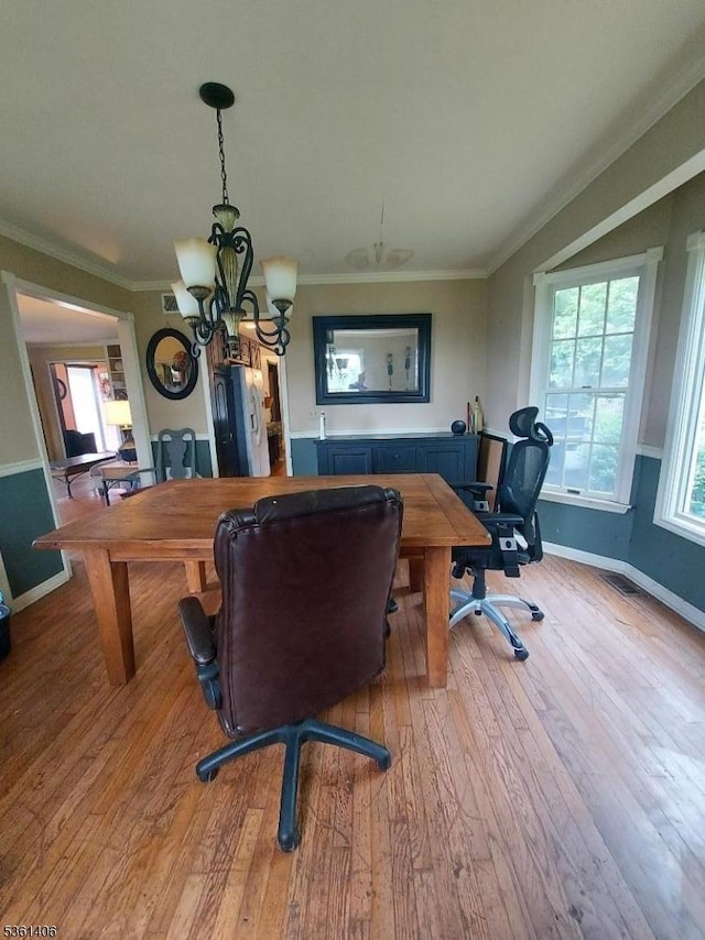 4 Babbitt Ct, Newton Town, NJ 07860 - office area with ornamental molding, a chandelier, hardwood / wood-style flooring, and baseboards