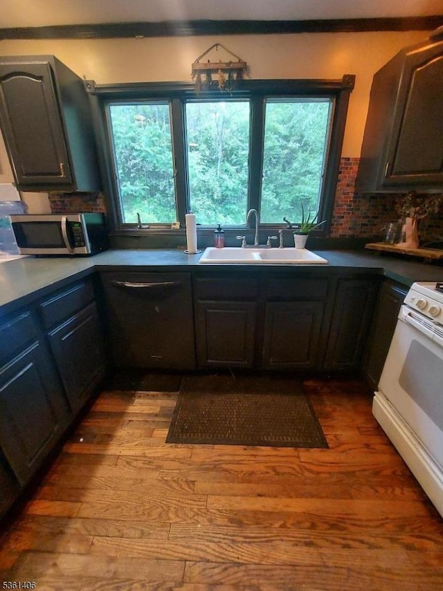 4 Babbitt Ct, Newton Town, NJ 07860 - kitchen featuring stainless steel microwave, a sink, dishwasher, white range with gas cooktop, and backsplash