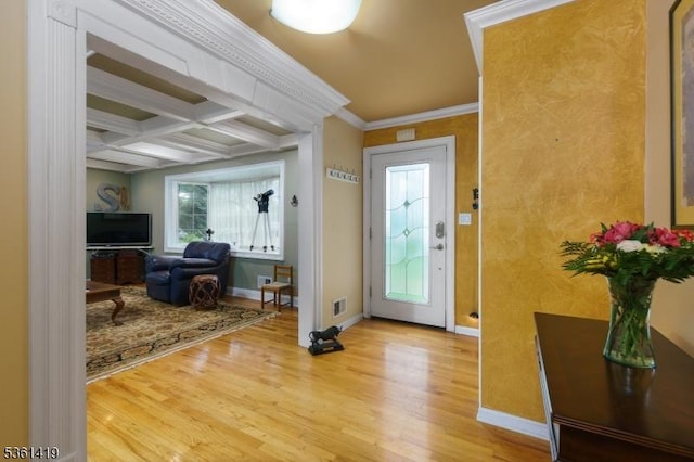 50 Skillman Rd, Montgomery Twp, NJ 08558 - entrance foyer with wood finished floors, baseboards, beam ceiling, crown molding, and coffered ceiling