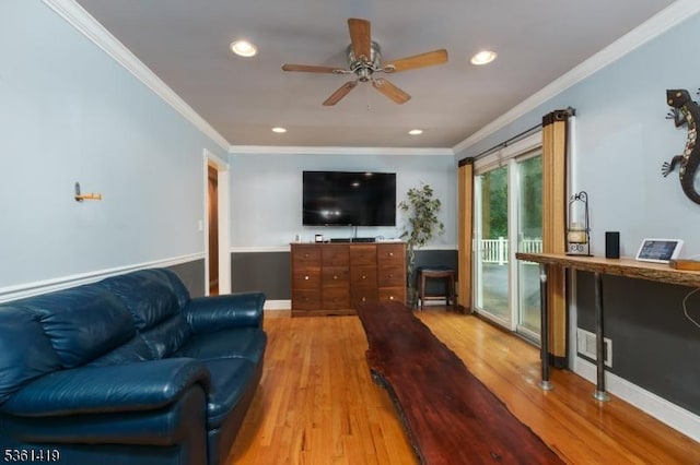 50 Skillman Rd, Montgomery Twp, NJ 08558 - living room with a ceiling fan, ornamental molding, light wood finished floors, and recessed lighting