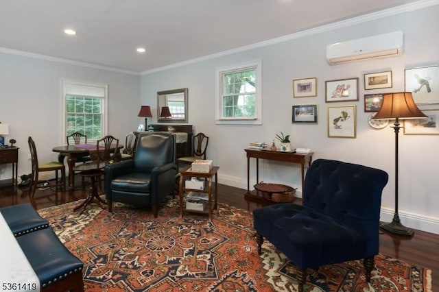 50 Skillman Rd, Montgomery Twp, NJ 08558 - living area featuring a wall mounted AC, wood finished floors, plenty of natural light, crown molding, and recessed lighting