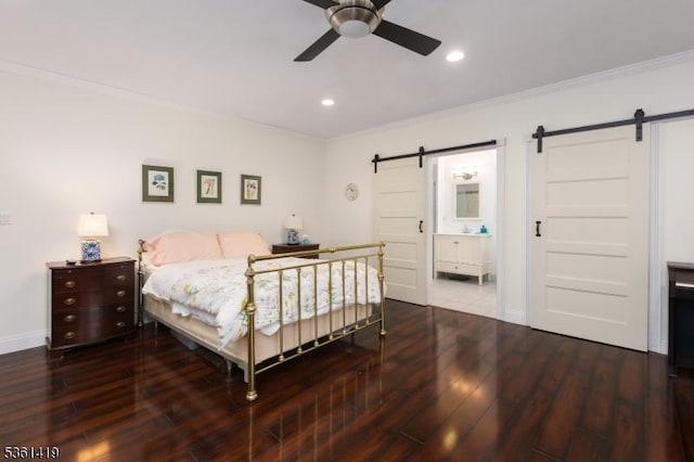 50 Skillman Rd, Montgomery Twp, NJ 08558 - bedroom featuring a barn door, crown molding, wood finished floors, recessed lighting, and connected bathroom