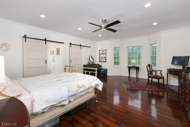 50 Skillman Rd, Montgomery Twp, NJ 08558 - bedroom featuring a barn door, ornamental molding, recessed lighting, wood finished floors, and baseboards