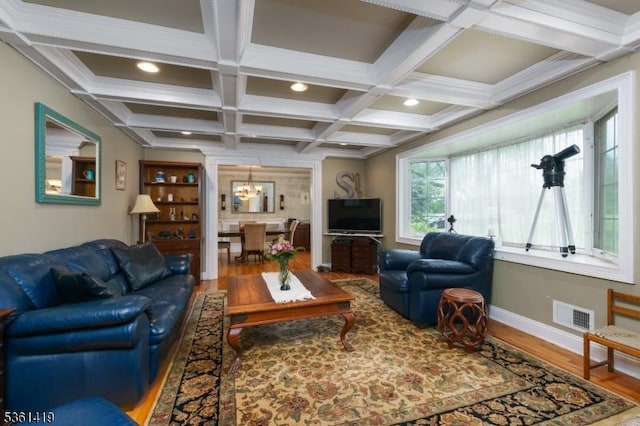 50 Skillman Rd, Montgomery Twp, NJ 08558 - living room featuring wood finished floors, coffered ceiling, a chandelier, beam ceiling, and recessed lighting