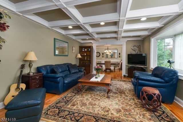 50 Skillman Rd, Montgomery Twp, NJ 08558 - living room with wood finished floors, a chandelier, coffered ceiling, beam ceiling, and baseboards
