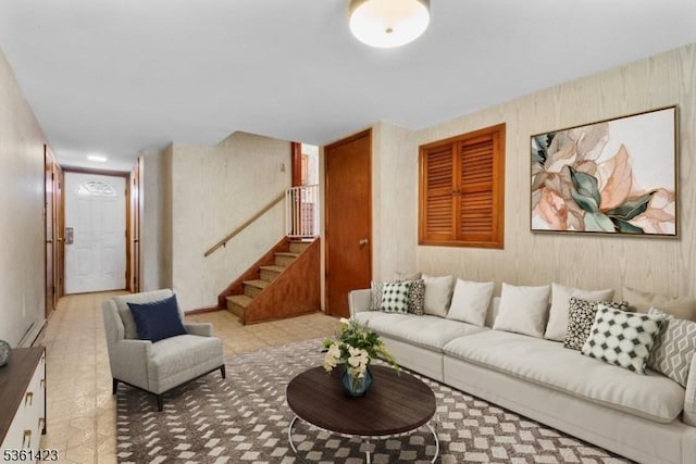 3 Gregory Ter, Belleville Twp, NJ 07109 - living room featuring stairway, a baseboard radiator, and wooden walls