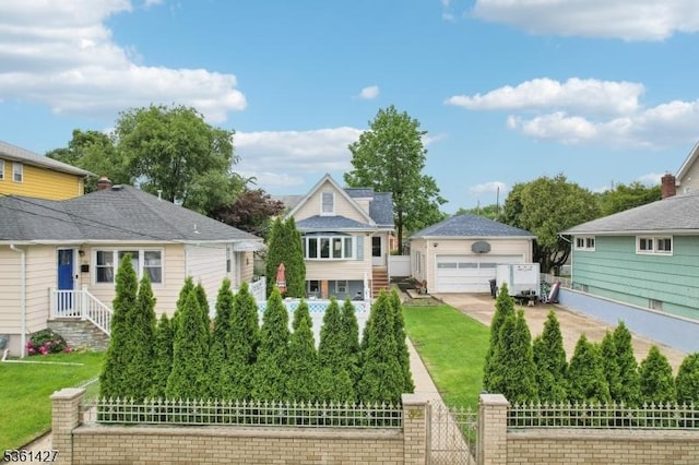 30 Market St, Garfield City, NJ 07026 - view of front of property featuring a fenced front yard, an outdoor structure, and a garage