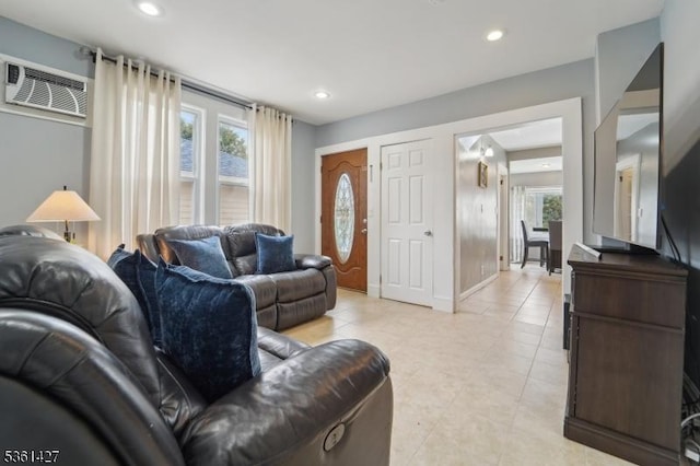 30 Market St, Garfield City, NJ 07026 - living room featuring a wall mounted air conditioner, light tile patterned flooring, recessed lighting, and baseboards