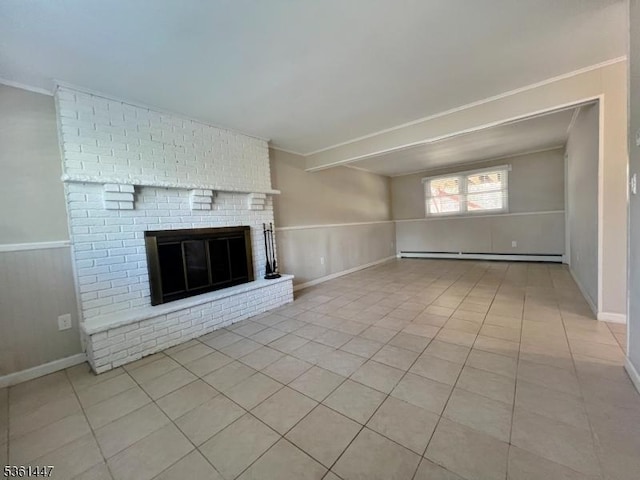 304 Idalroy Trl, Hopatcong Boro, NJ 07843 - unfurnished living room featuring a baseboard radiator, tile patterned flooring, a brick fireplace, a wainscoted wall, and ornamental molding