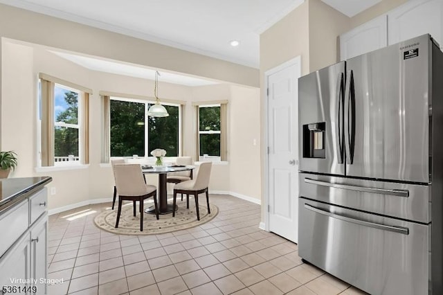 9 Mcgovern Ct, Bridgewater Twp, NJ 08807 - kitchen with stainless steel refrigerator with ice dispenser, light tile patterned floors, white cabinets, decorative light fixtures, and recessed lighting
