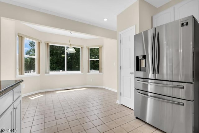 9 Mcgovern Ct, Bridgewater Twp, NJ 08807 - kitchen with stainless steel refrigerator with ice dispenser, light tile patterned flooring, dark countertops, white cabinetry, and hanging light fixtures