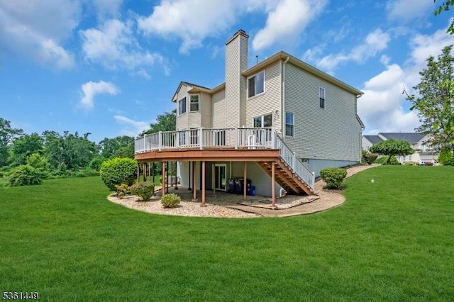 9 Mcgovern Ct, Bridgewater Twp, NJ 08807 - rear view of house featuring a deck, a chimney, stairway, and a lawn