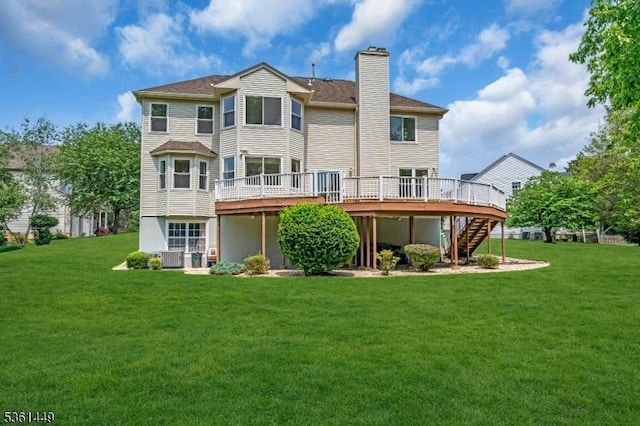 9 Mcgovern Ct, Bridgewater Twp, NJ 08807 - back of house featuring stairs, a chimney, a wooden deck, and a lawn