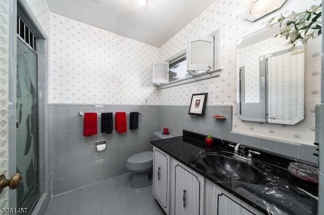 32 Fairway Ave, West Orange Twp, NJ 07052 - full bath with wallpapered walls, vanity, toilet, wainscoting, and tile walls