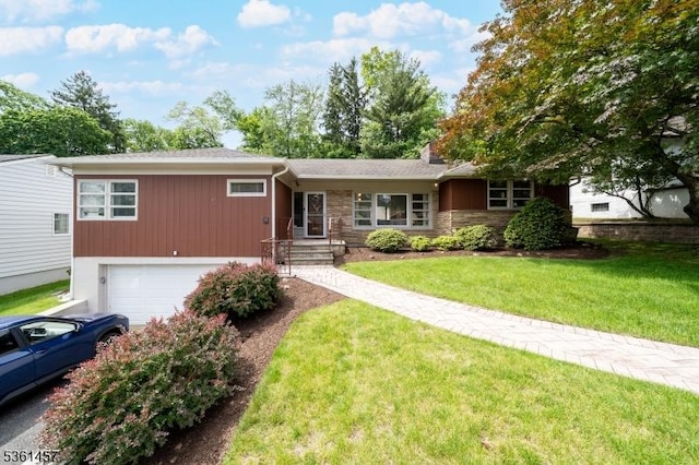 32 Fairway Ave, West Orange Twp, NJ 07052 - single story home featuring stone siding, an attached garage, a front lawn, and a chimney