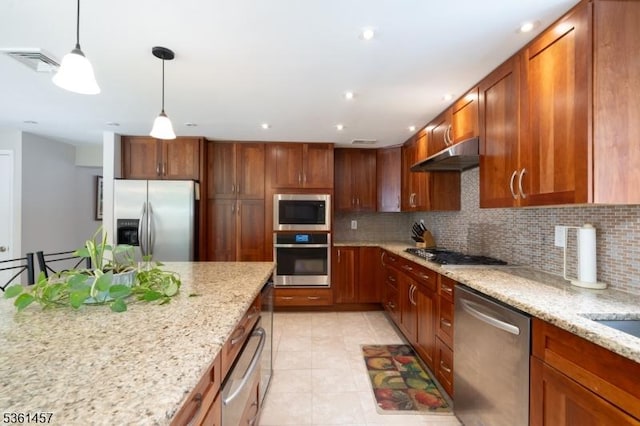 32 Fairway Ave, West Orange Twp, NJ 07052 - kitchen featuring stainless steel appliances, under cabinet range hood, backsplash, a warming drawer, and brown cabinetry