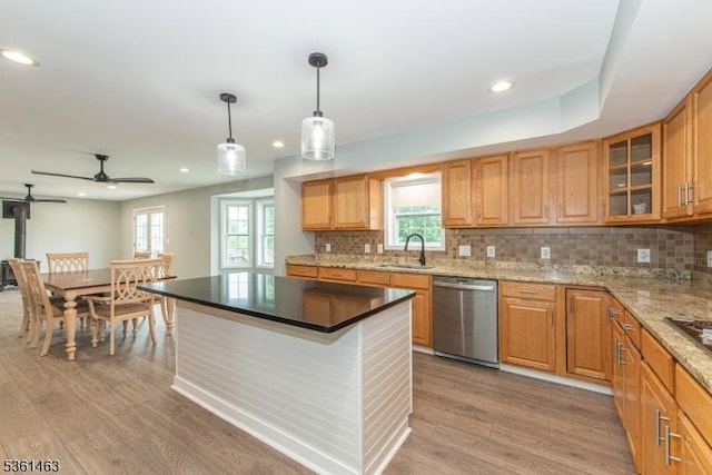 5 Britton St, Netcong Boro, NJ 07857 - kitchen with stainless steel dishwasher, light wood-style floors, ceiling fan, tasteful backsplash, and recessed lighting